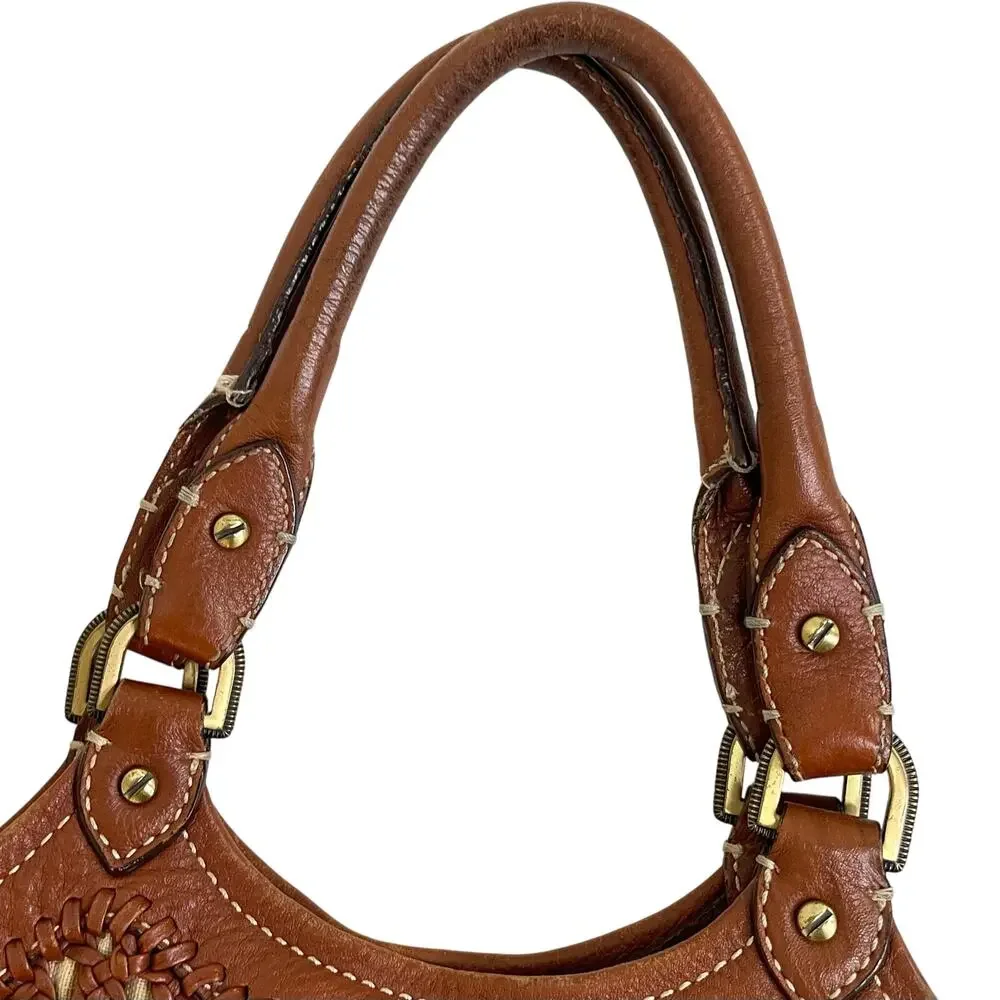 Cole Haan Paige Brown Crochet Woven Leather Double Handle Hobo Bag Purse